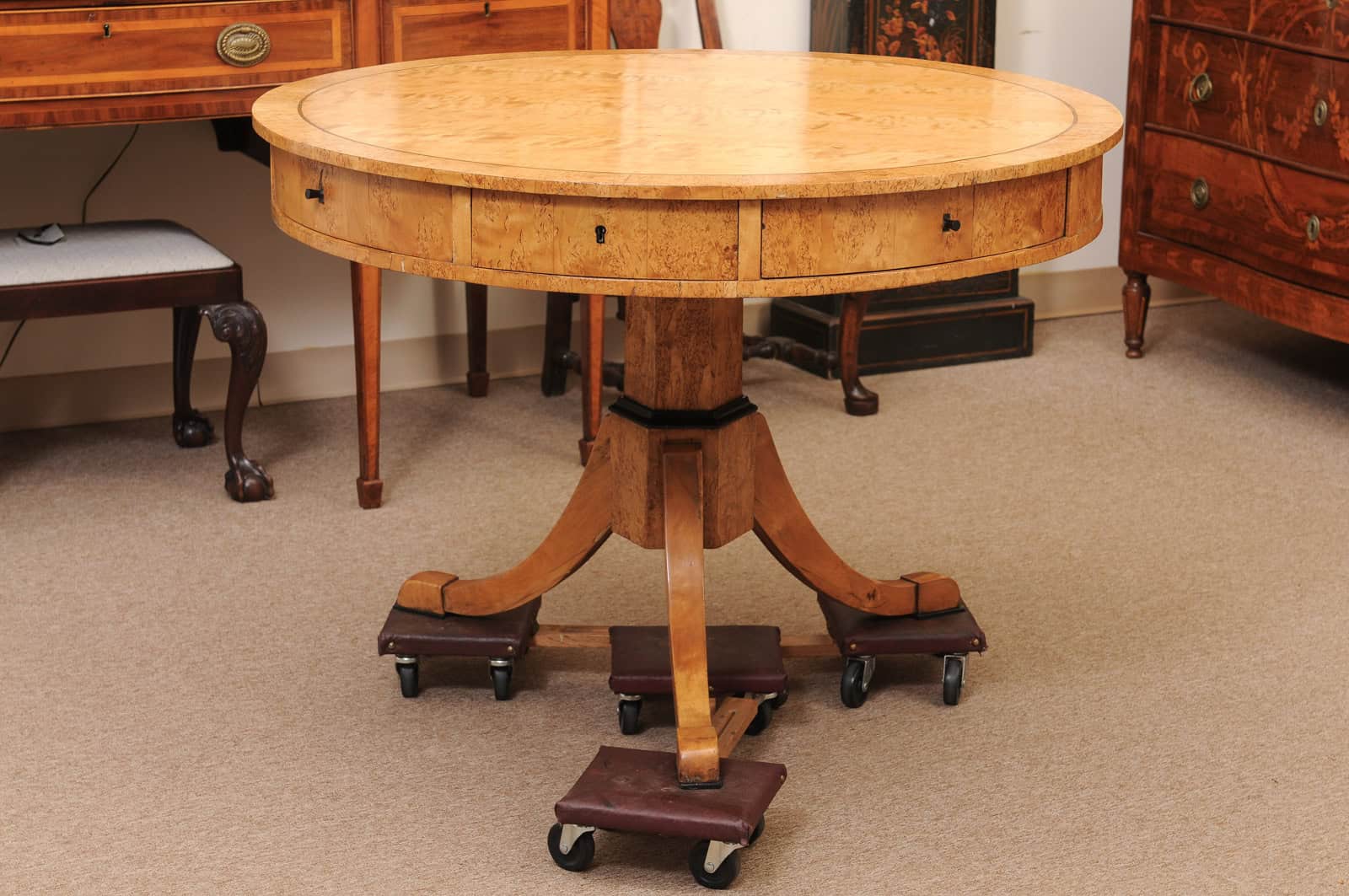 Biedemeier 19th Century Drum Table in Birch, Burled Elm and Rosewood Crossbanding with 6 Drawers and Pedestal Base - Image 12