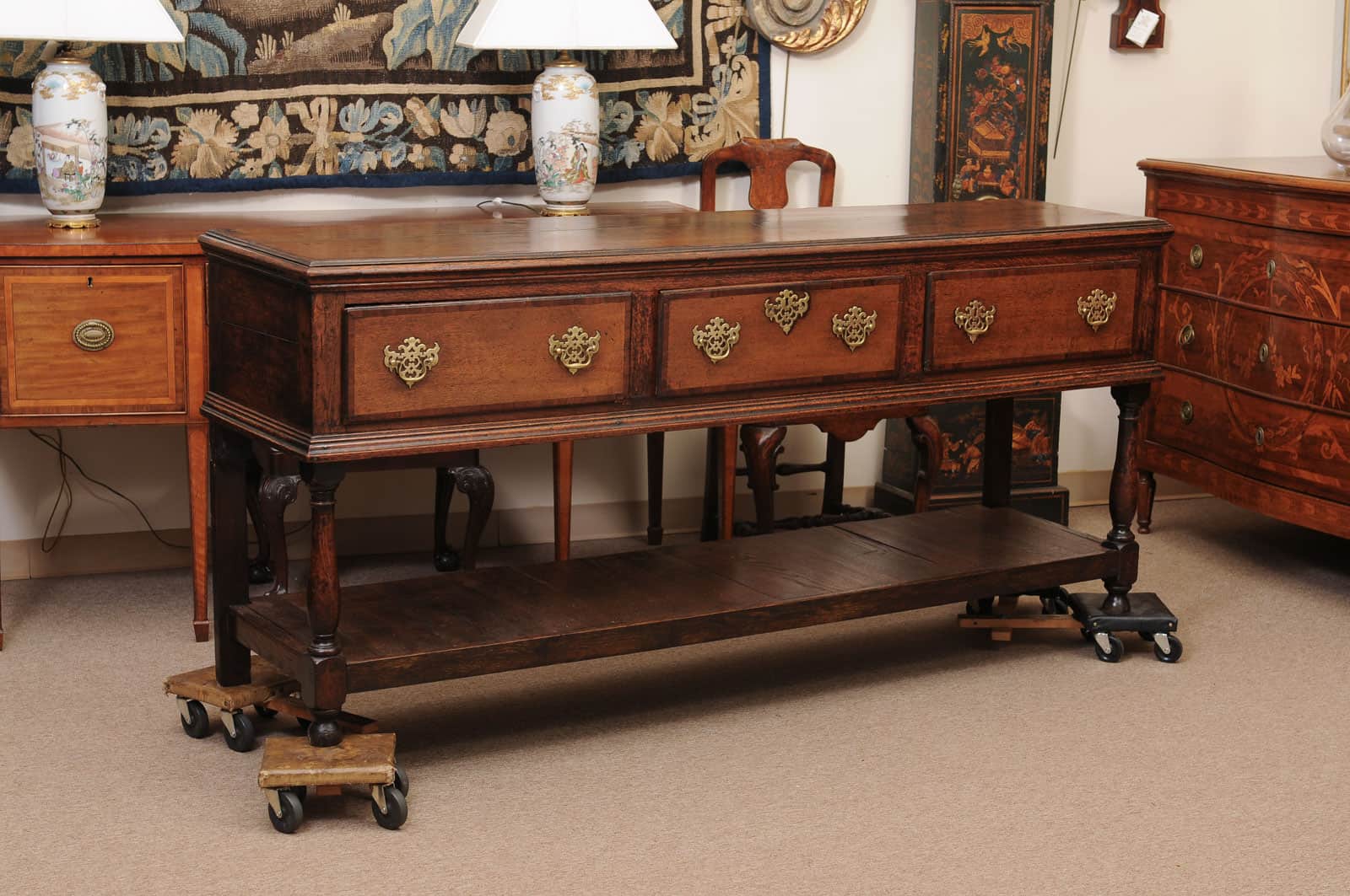 19th Century English Dresser Base with Crossbanding, 3 Drawers and Pot Board Below - Image 3