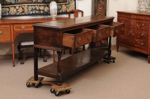 19th Century English Dresser Base with Crossbanding, 3 Drawers and Pot Board Below - Image 4