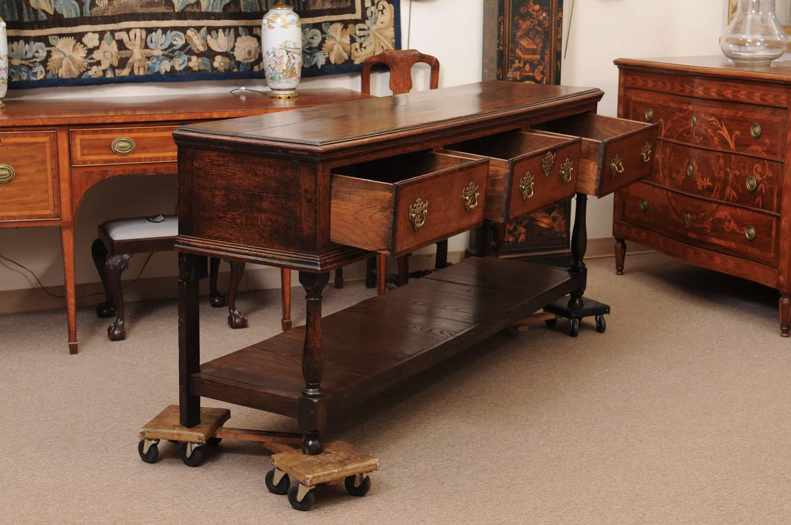 19th Century English Dresser Base with Crossbanding, 3 Drawers and Pot Board Below - Image 4