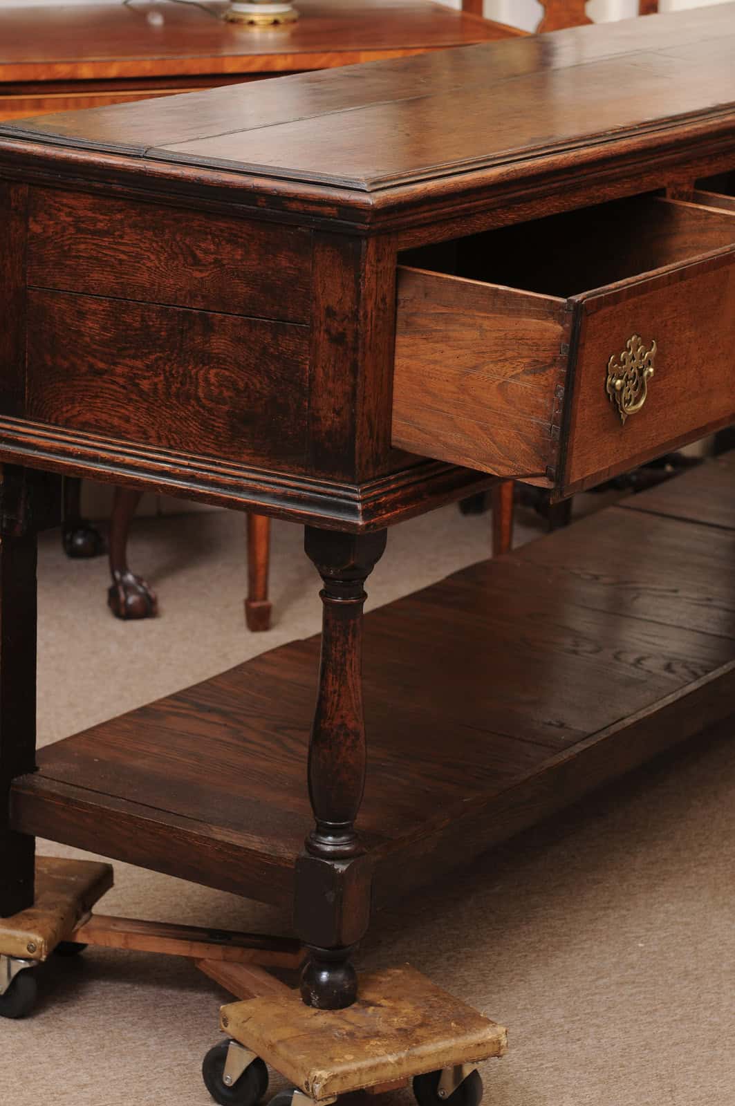 19th Century English Dresser Base with Crossbanding, 3 Drawers and Pot Board Below - Image 5