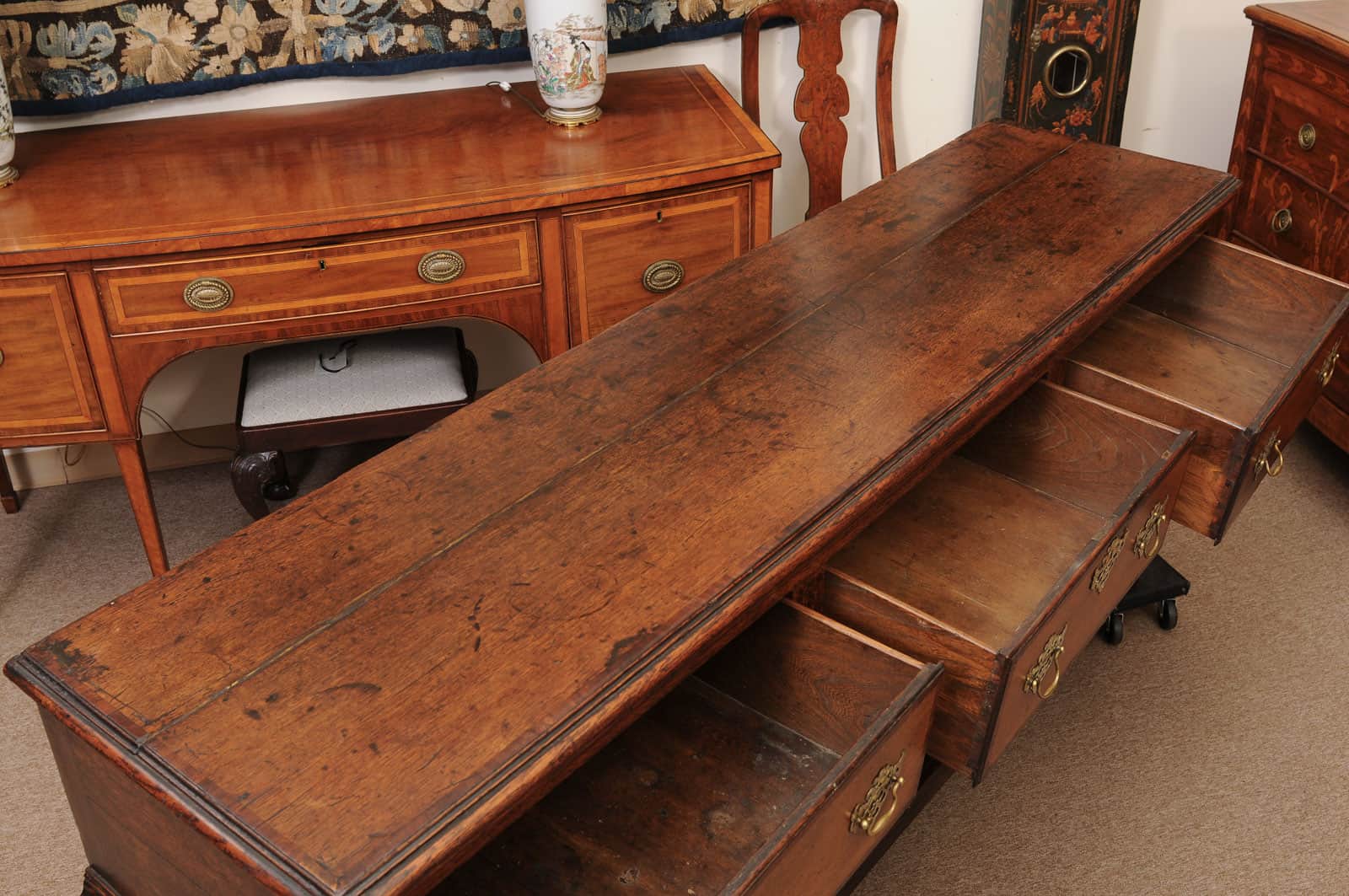 19th Century English Dresser Base with Crossbanding, 3 Drawers and Pot Board Below - Image 6