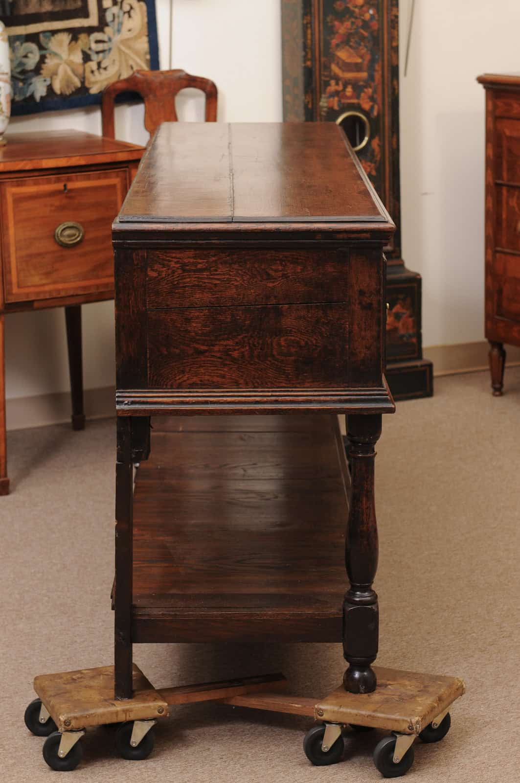 19th Century English Dresser Base with Crossbanding, 3 Drawers and Pot Board Below - Image 7