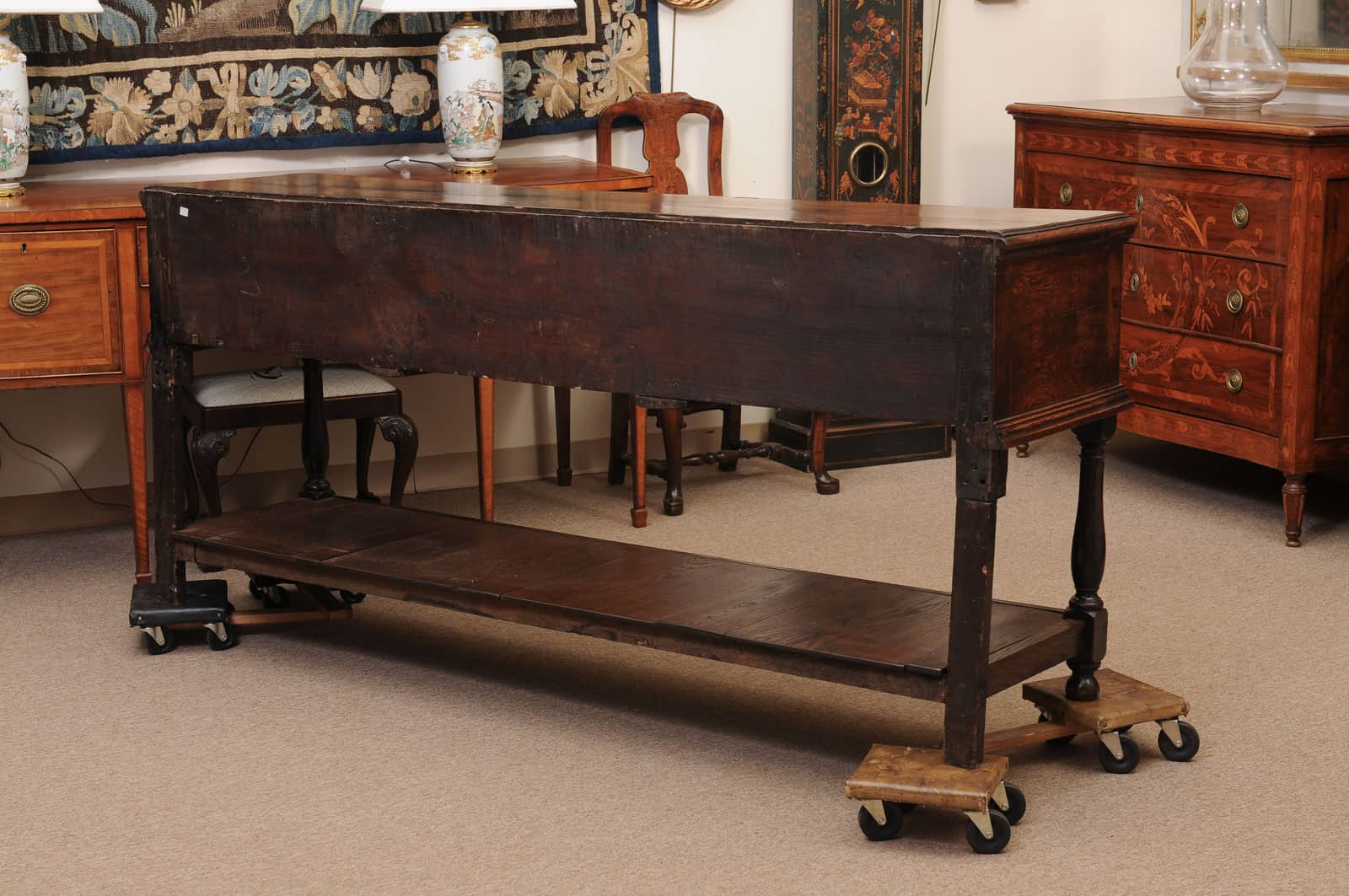 19th Century English Dresser Base with Crossbanding, 3 Drawers and Pot Board Below - Image 8