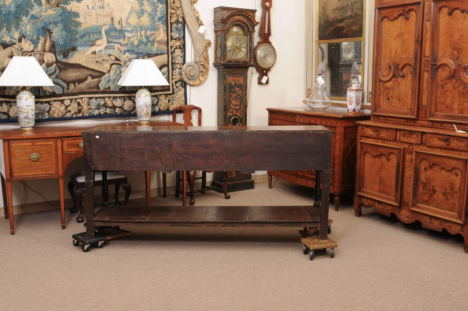 19th Century English Dresser Base with Crossbanding, 3 Drawers and Pot Board Below - Image 9