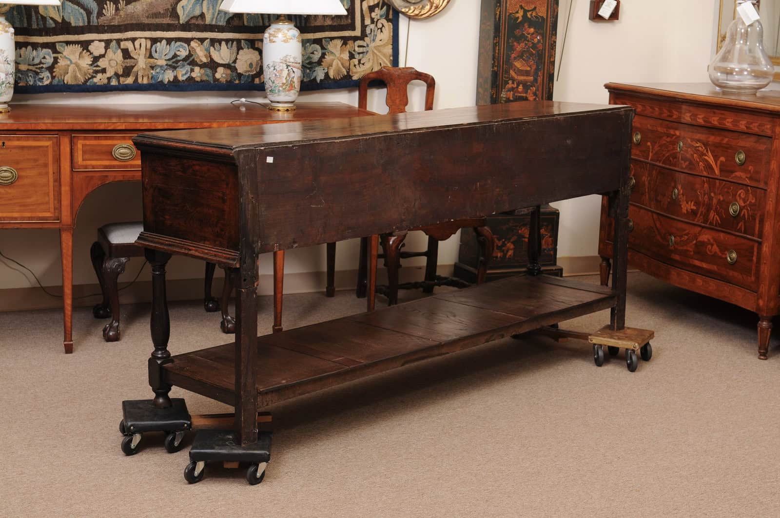 19th Century English Dresser Base with Crossbanding, 3 Drawers and Pot Board Below - Image 10