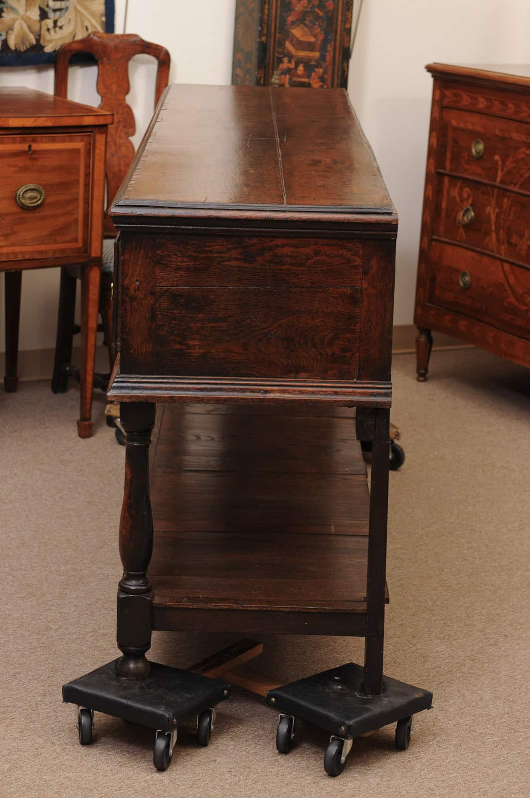 19th Century English Dresser Base with Crossbanding, 3 Drawers and Pot Board Below - Image 11