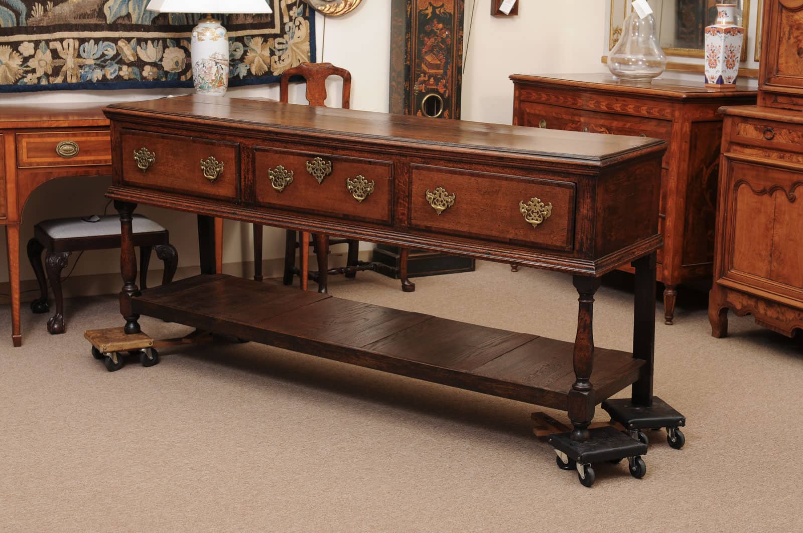 19th Century English Dresser Base with Crossbanding, 3 Drawers and Pot Board Below - Image 12