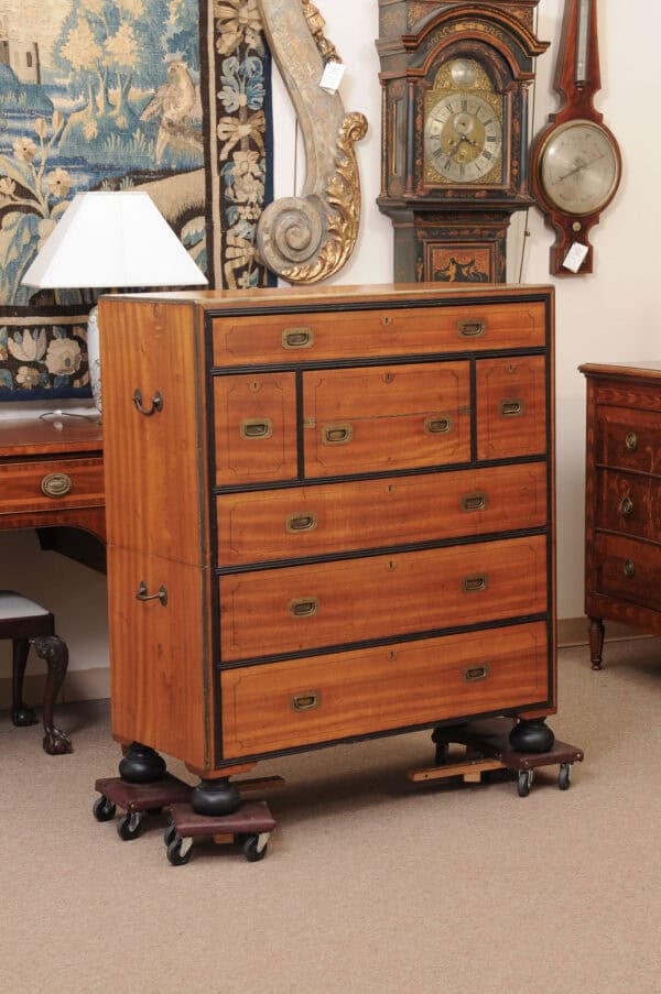 19th Century English Brass Mounted Mahogany Campaign Chest with Ebonized Detail & Secretary Drawer - Image 3