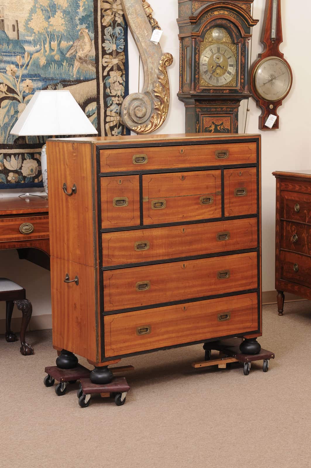 19th Century English Brass Mounted Mahogany Campaign Chest with Ebonized Detail & Secretary Drawer - Image 3