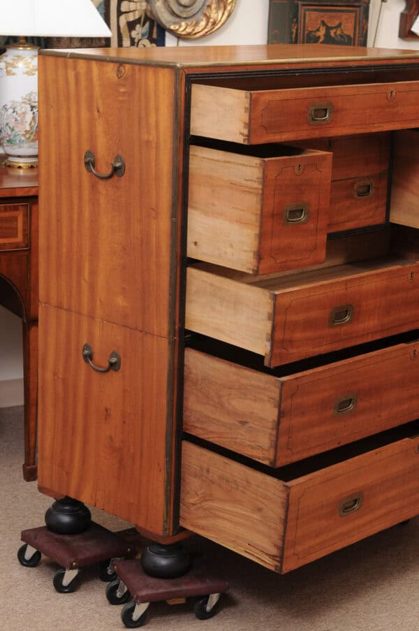 19th Century English Brass Mounted Mahogany Campaign Chest with Ebonized Detail & Secretary Drawer - Image 5