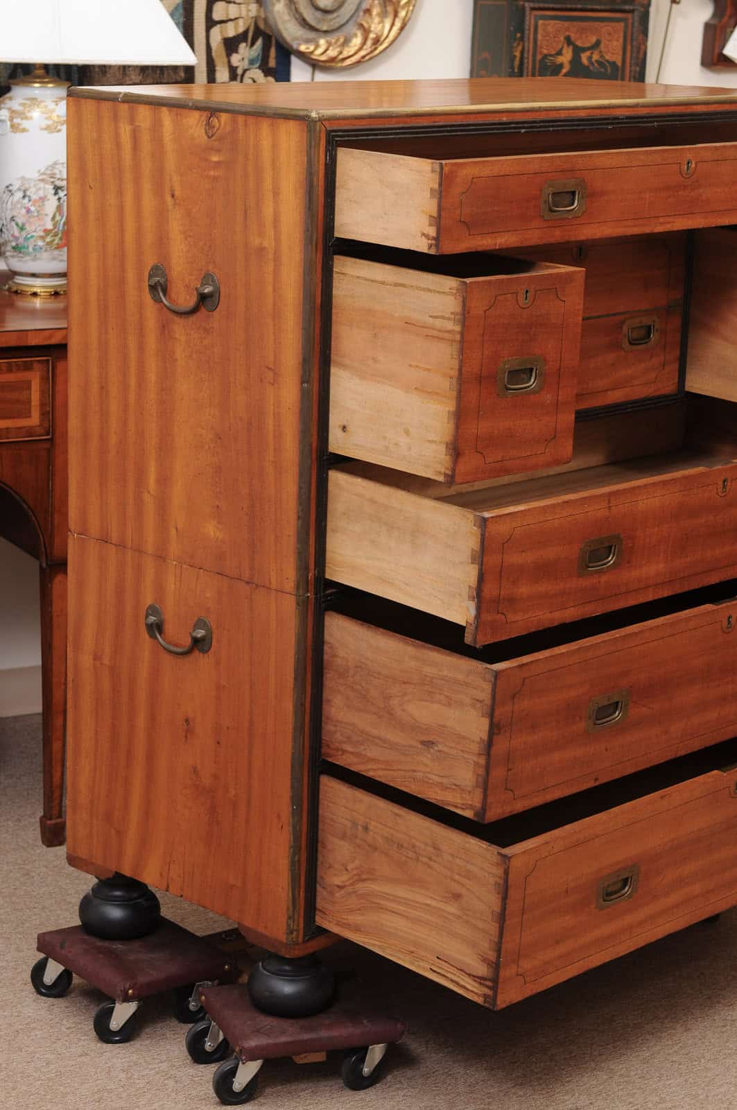 19th Century English Brass Mounted Mahogany Campaign Chest with Ebonized Detail & Secretary Drawer - Image 5