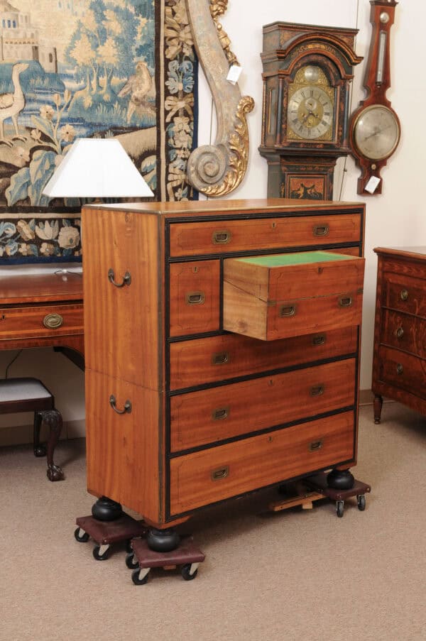 19th Century English Brass Mounted Mahogany Campaign Chest with Ebonized Detail & Secretary Drawer - Image 7