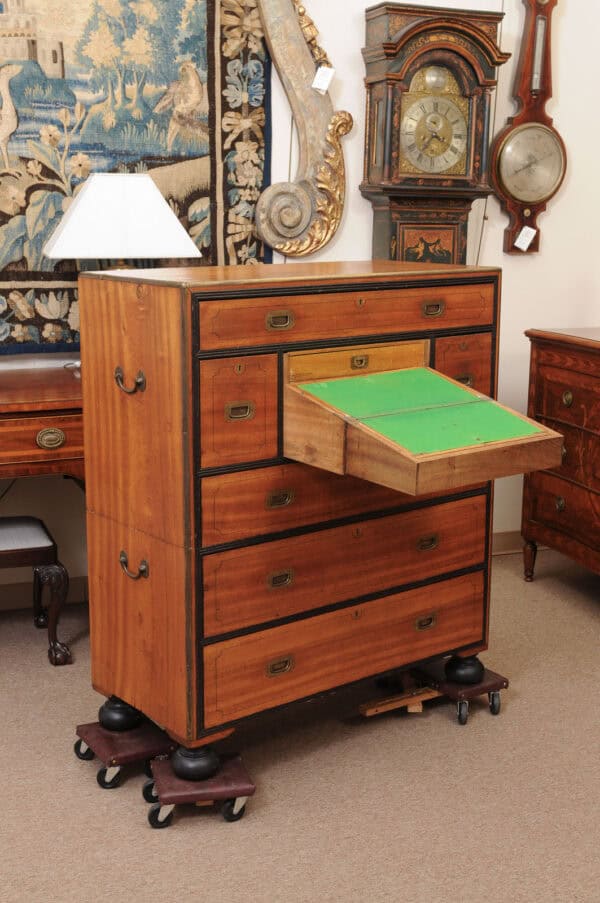 19th Century English Brass Mounted Mahogany Campaign Chest with Ebonized Detail & Secretary Drawer - Image 8