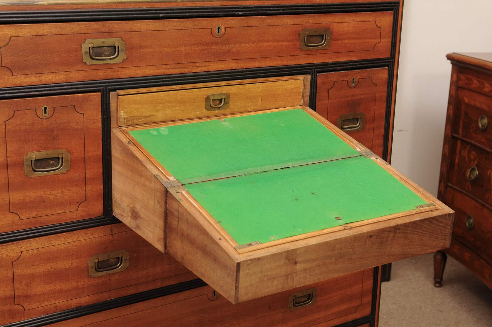 19th Century English Brass Mounted Mahogany Campaign Chest with Ebonized Detail & Secretary Drawer - Image 9