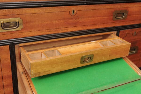 19th Century English Brass Mounted Mahogany Campaign Chest with Ebonized Detail & Secretary Drawer - Image 10