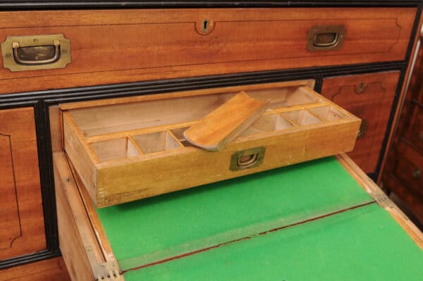 19th Century English Brass Mounted Mahogany Campaign Chest with Ebonized Detail & Secretary Drawer - Image 11