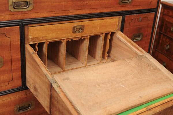 19th Century English Brass Mounted Mahogany Campaign Chest with Ebonized Detail & Secretary Drawer - Image 12