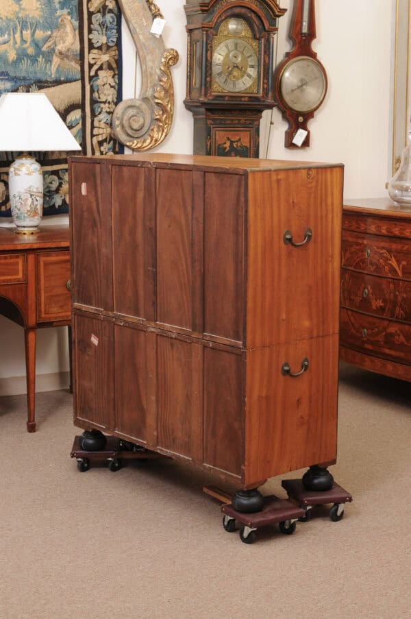 19th Century English Brass Mounted Mahogany Campaign Chest with Ebonized Detail & Secretary Drawer - Image 15