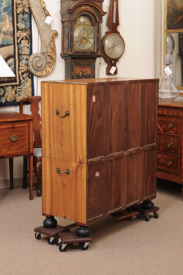 19th Century English Brass Mounted Mahogany Campaign Chest with Ebonized Detail & Secretary Drawer - Image 17