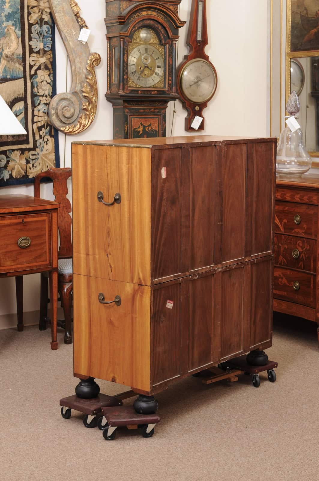 19th Century English Brass Mounted Mahogany Campaign Chest with Ebonized Detail & Secretary Drawer - Image 17