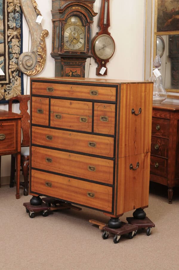 19th Century English Brass Mounted Mahogany Campaign Chest with Ebonized Detail & Secretary Drawer - Image 19