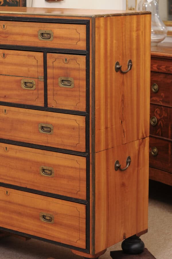 19th Century English Brass Mounted Mahogany Campaign Chest with Ebonized Detail & Secretary Drawer - Image 20