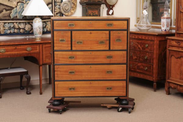 19th Century English Brass Mounted Mahogany Campaign Chest with Ebonized Detail & Secretary Drawer - Image 21