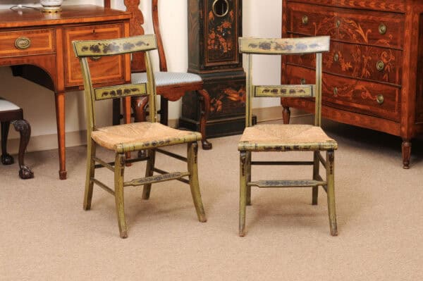 Pair of Green Painted Federal Side Chairs with Rush Seats, Early 19th Century - Image 3