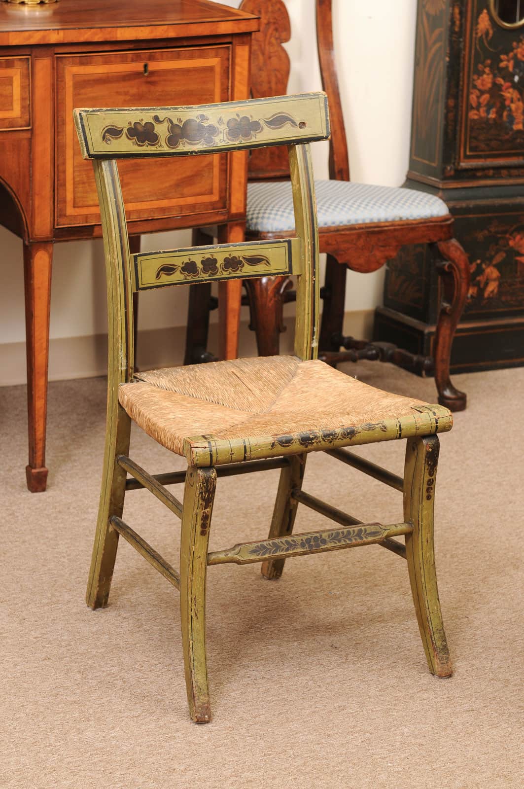 Pair of Green Painted Federal Side Chairs with Rush Seats, Early 19th Century - Image 4