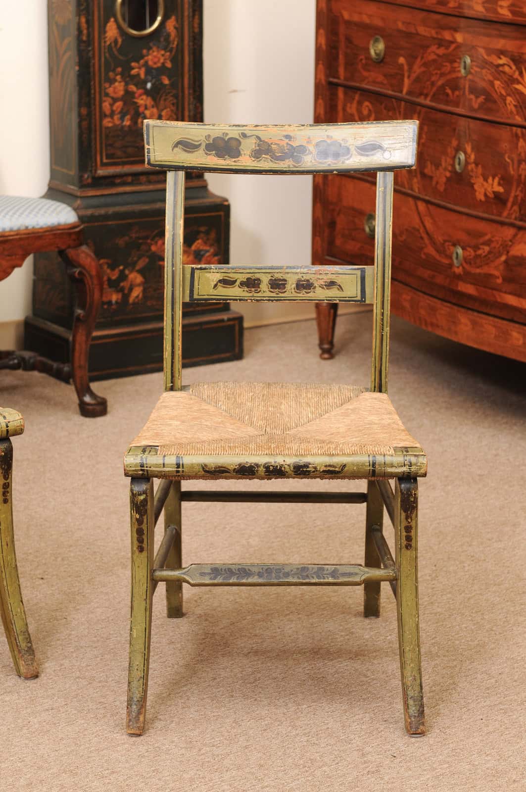 Pair of Green Painted Federal Side Chairs with Rush Seats, Early 19th Century - Image 5
