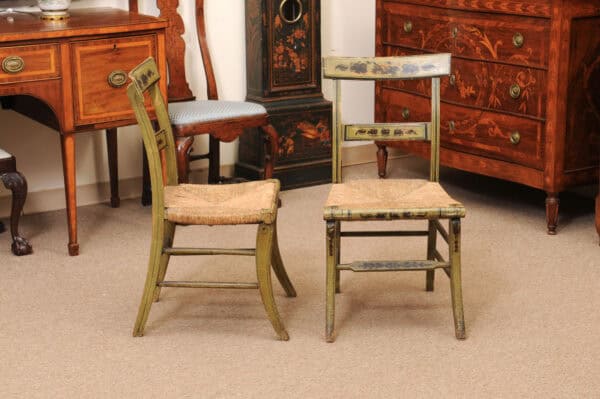 Pair of Green Painted Federal Side Chairs with Rush Seats, Early 19th Century - Image 6