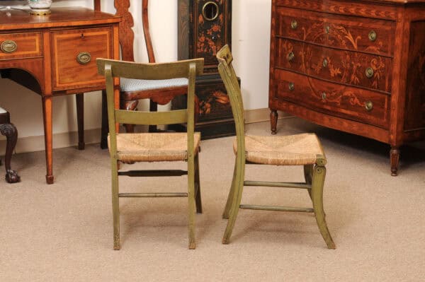 Pair of Green Painted Federal Side Chairs with Rush Seats, Early 19th Century - Image 7