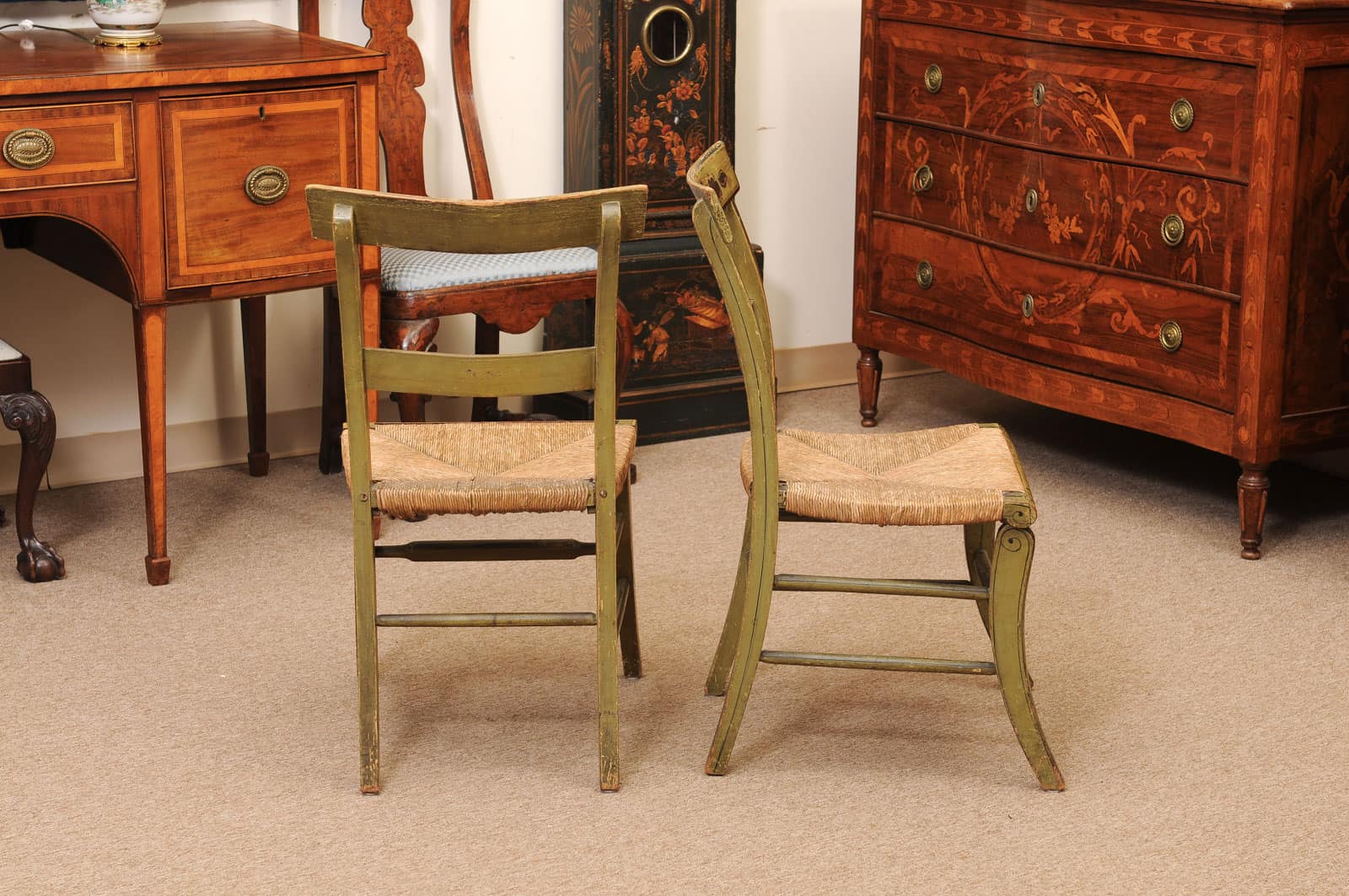 Pair of Green Painted Federal Side Chairs with Rush Seats, Early 19th Century - Image 7