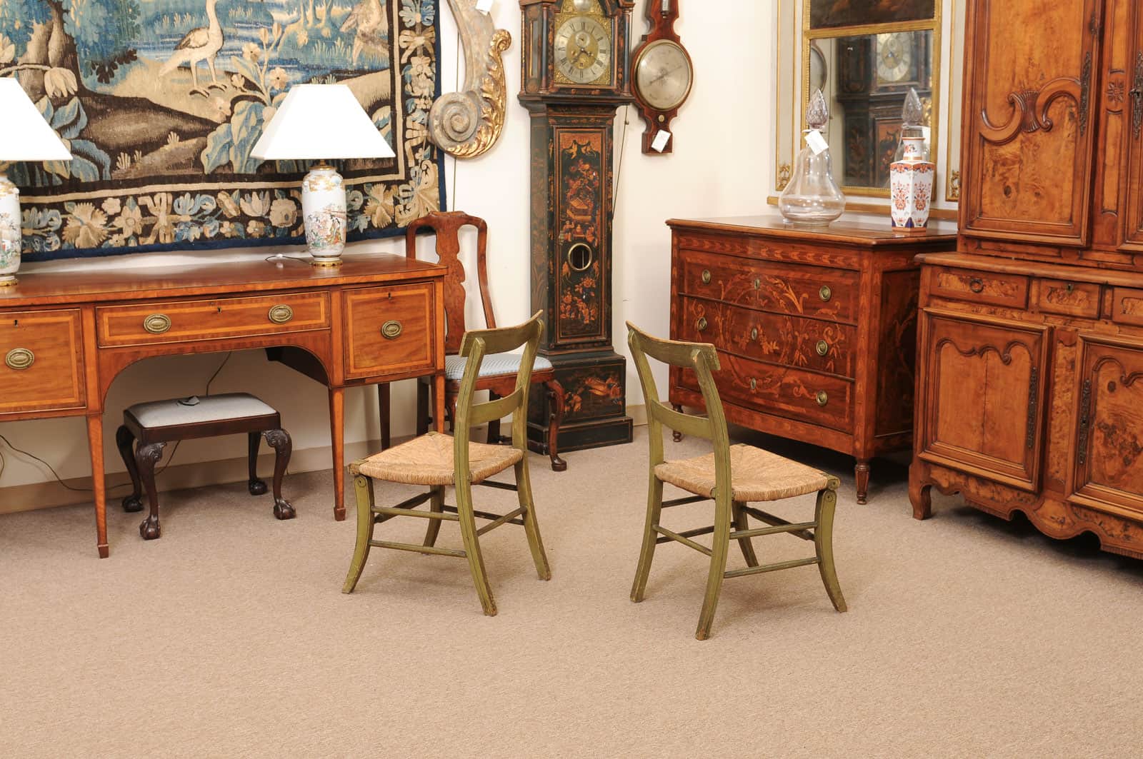Pair of Green Painted Federal Side Chairs with Rush Seats, Early 19th Century - Image 8