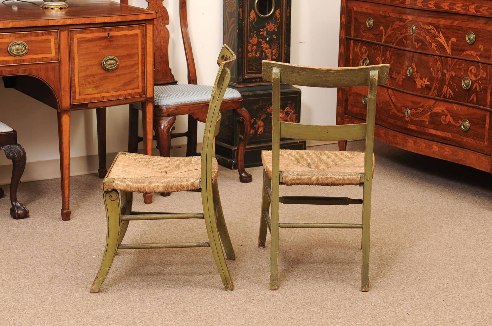 Pair of Green Painted Federal Side Chairs with Rush Seats, Early 19th Century - Image 9