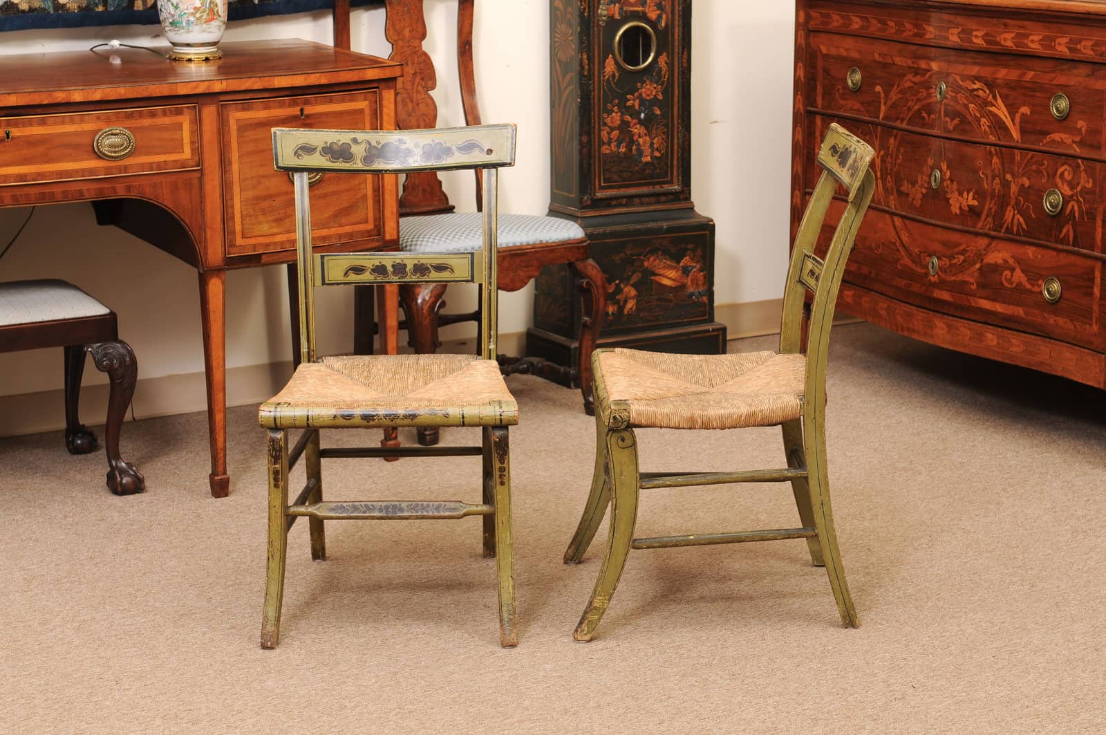Pair of Green Painted Federal Side Chairs with Rush Seats, Early 19th Century - Image 10