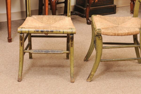 Pair of Green Painted Federal Side Chairs with Rush Seats, Early 19th Century - Image 11