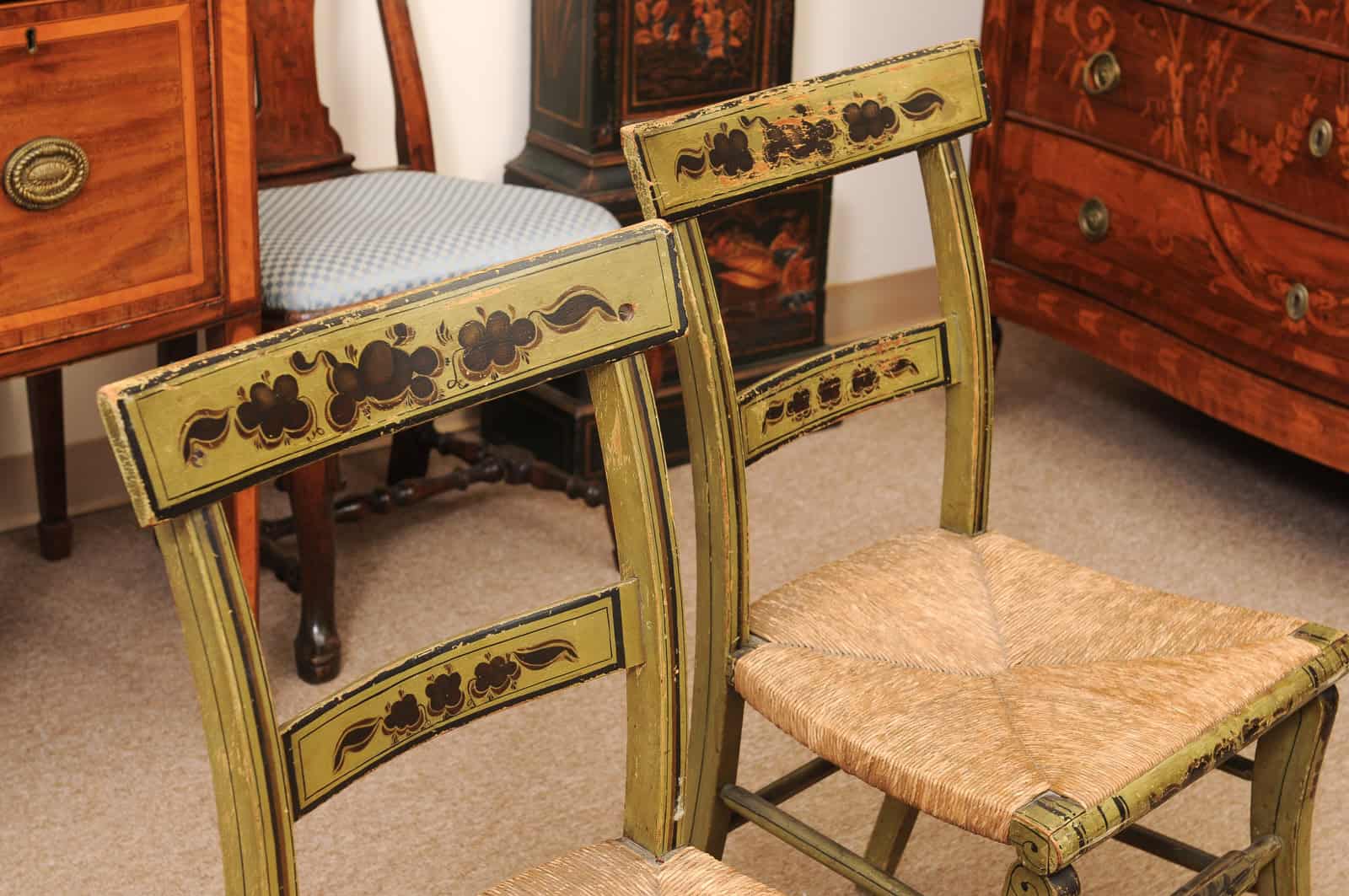 Pair of Green Painted Federal Side Chairs with Rush Seats, Early 19th Century - Image 14
