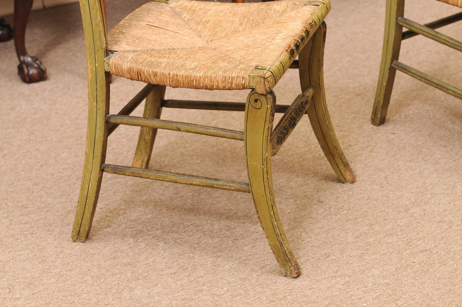 Pair of Green Painted Federal Side Chairs with Rush Seats, Early 19th Century - Image 15