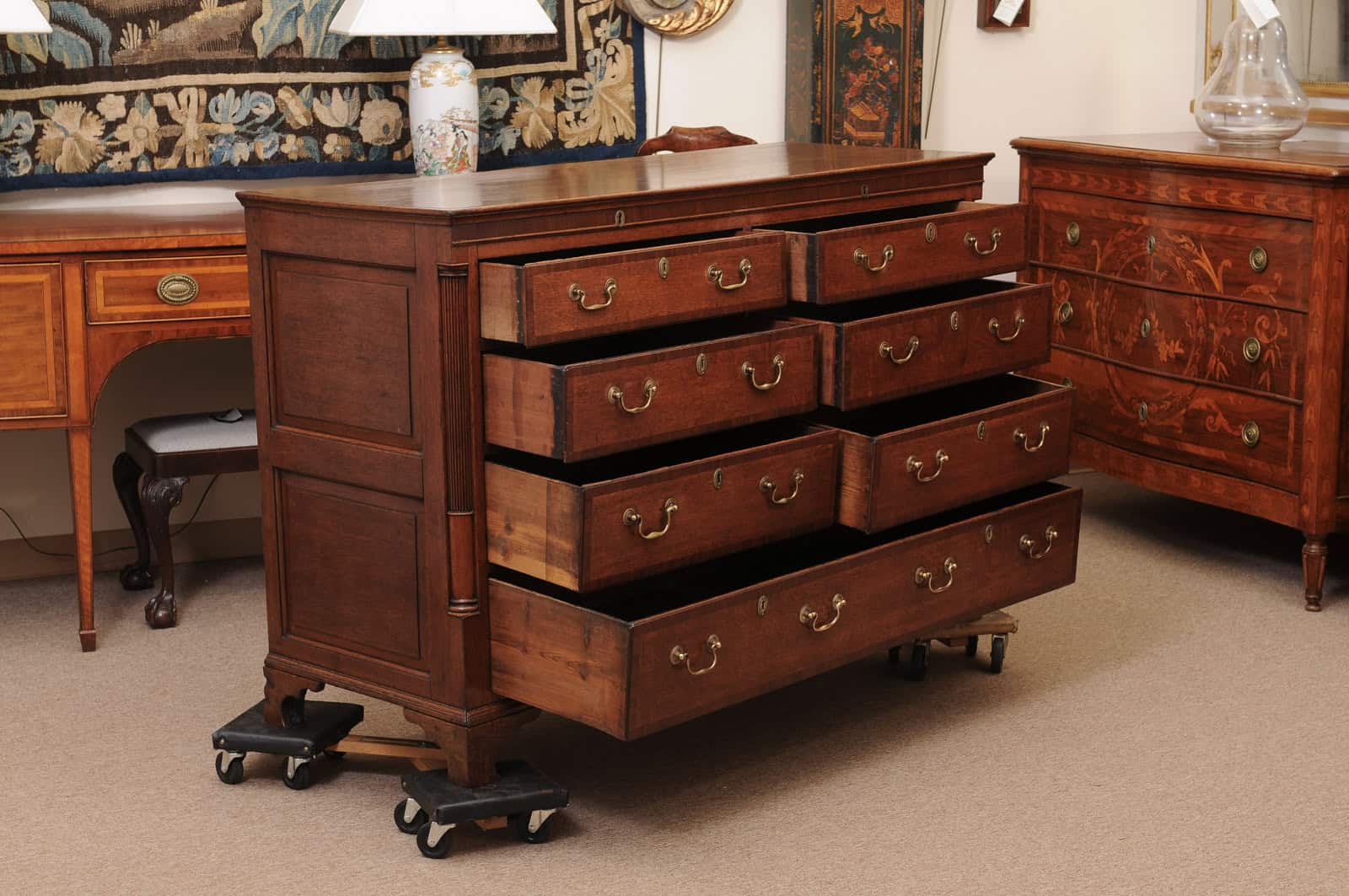 English Late 18th Century Dresser Base with 3 Drawers, Brass Bail Pulls and Shaped Apron - Image 4