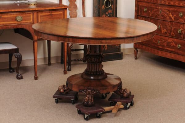 English 19th Century William IV Roswood Pedestal Center Table with Paw Feet - Image 11