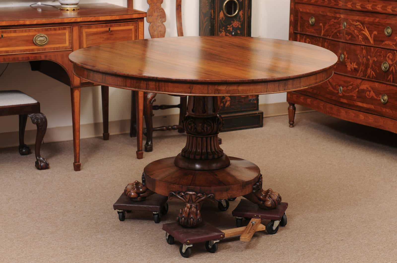 English 19th Century William IV Roswood Pedestal Center Table with Paw Feet - Image 11