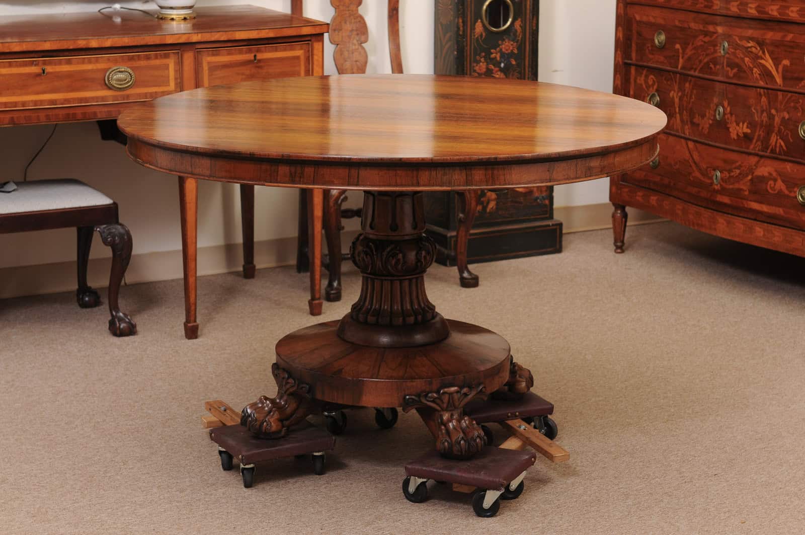 English 19th Century William IV Roswood Pedestal Center Table with Paw Feet - Image 12