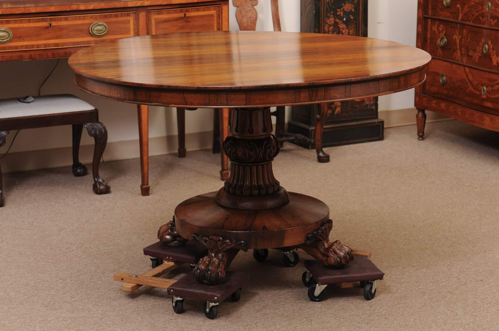 English 19th Century William IV Roswood Pedestal Center Table with Paw Feet - Image 13