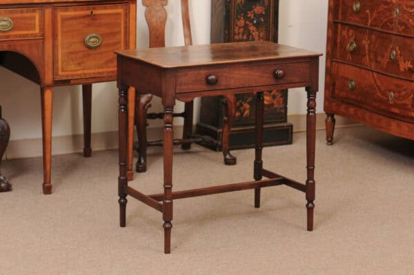 English 19th Century Mahogany Side Table Featuring 1 Drawer with wooden Pulls, Turned Legs and H-Form Stretcher - Image 3