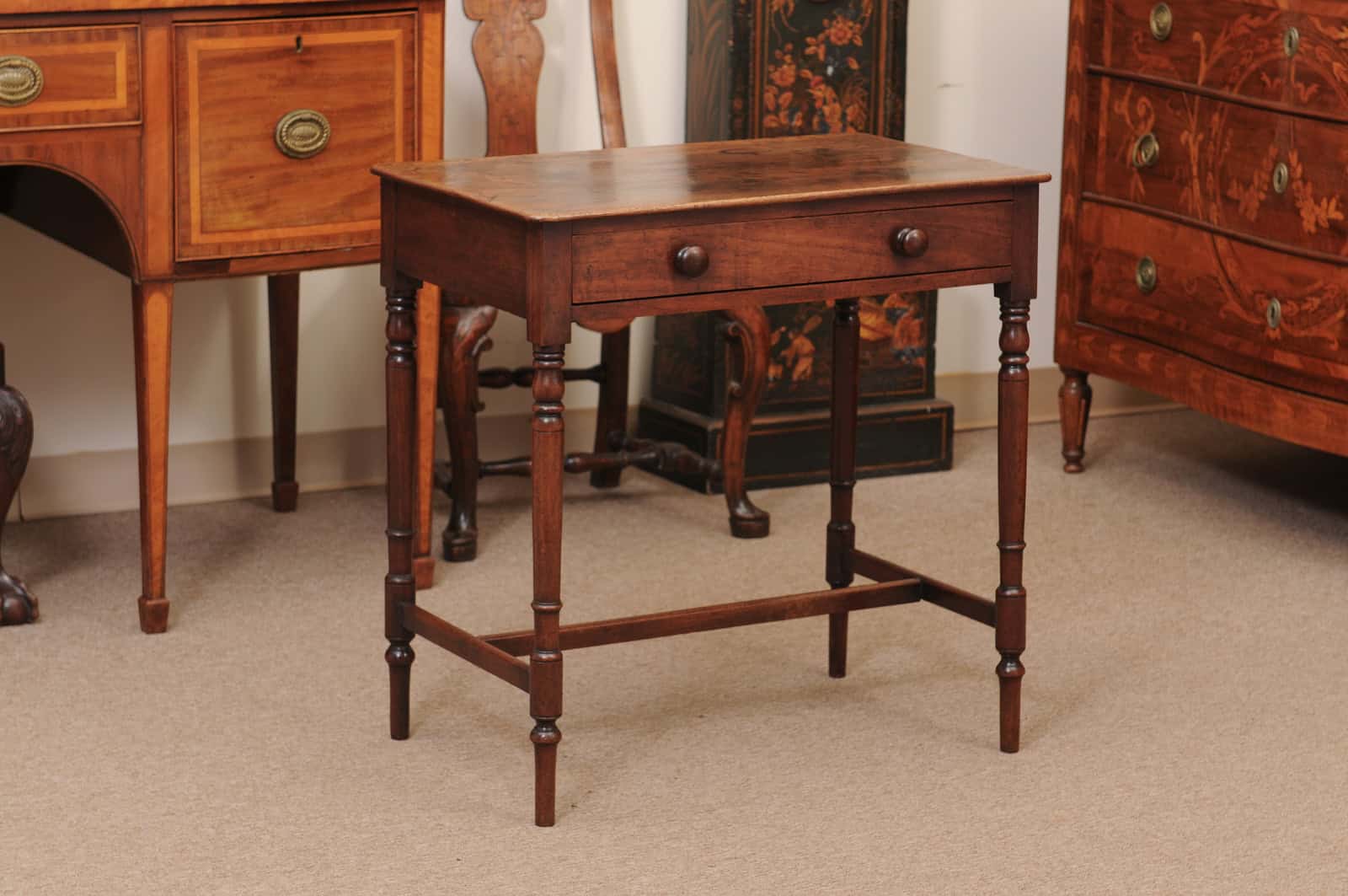 English 19th Century Mahogany Side Table Featuring 1 Drawer with wooden Pulls, Turned Legs and H-Form Stretcher - Image 3