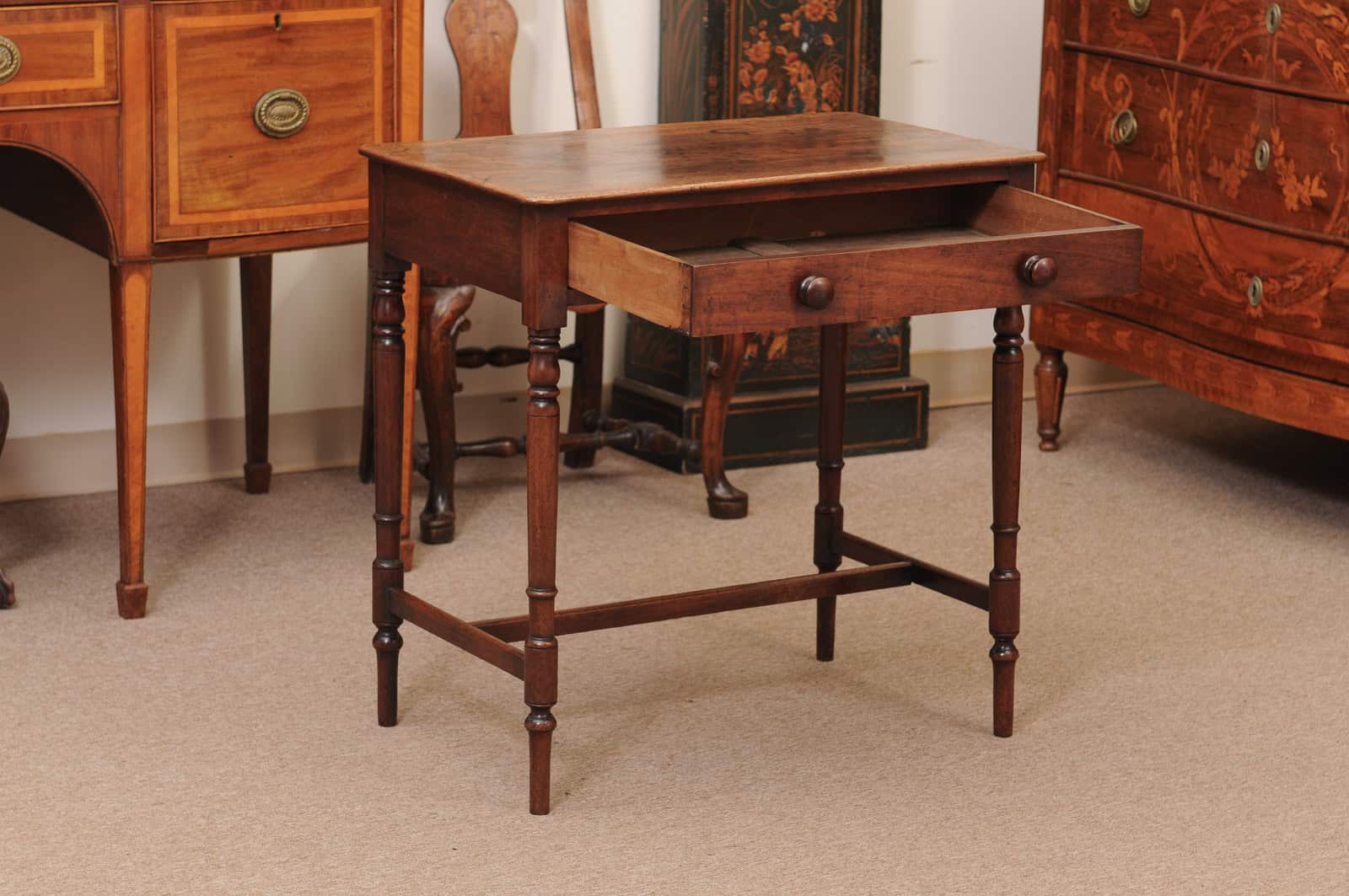 English 19th Century Mahogany Side Table Featuring 1 Drawer with wooden Pulls, Turned Legs and H-Form Stretcher - Image 4