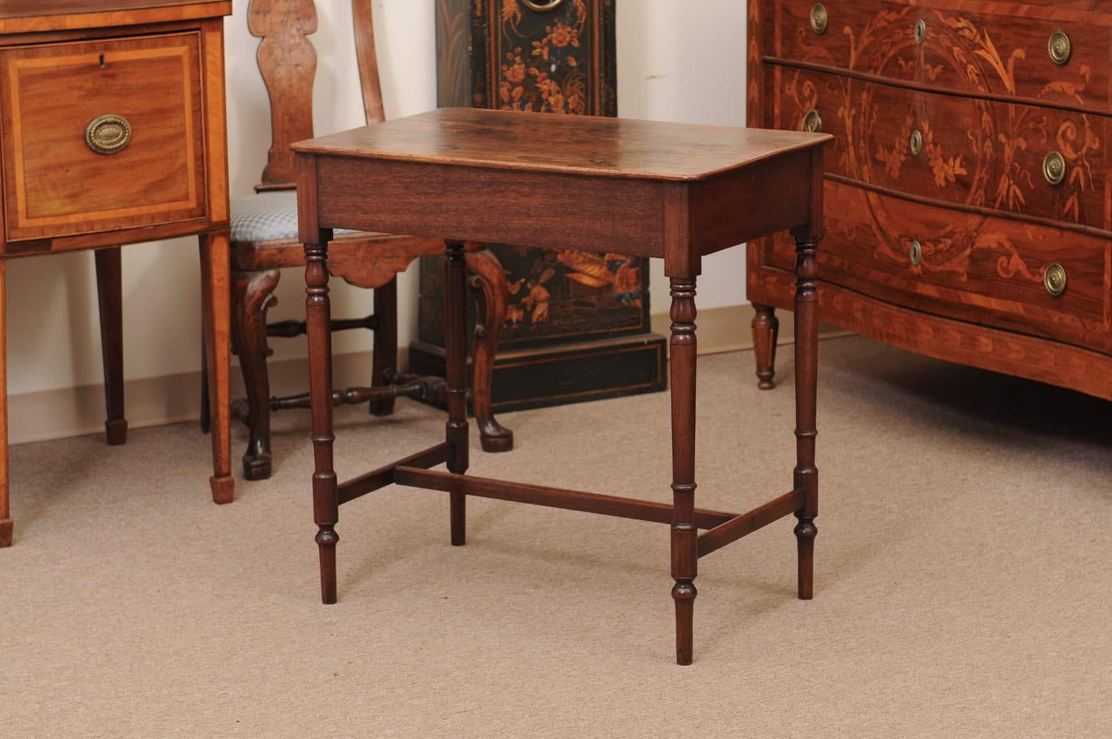 English 19th Century Mahogany Side Table Featuring 1 Drawer with wooden Pulls, Turned Legs and H-Form Stretcher - Image 8