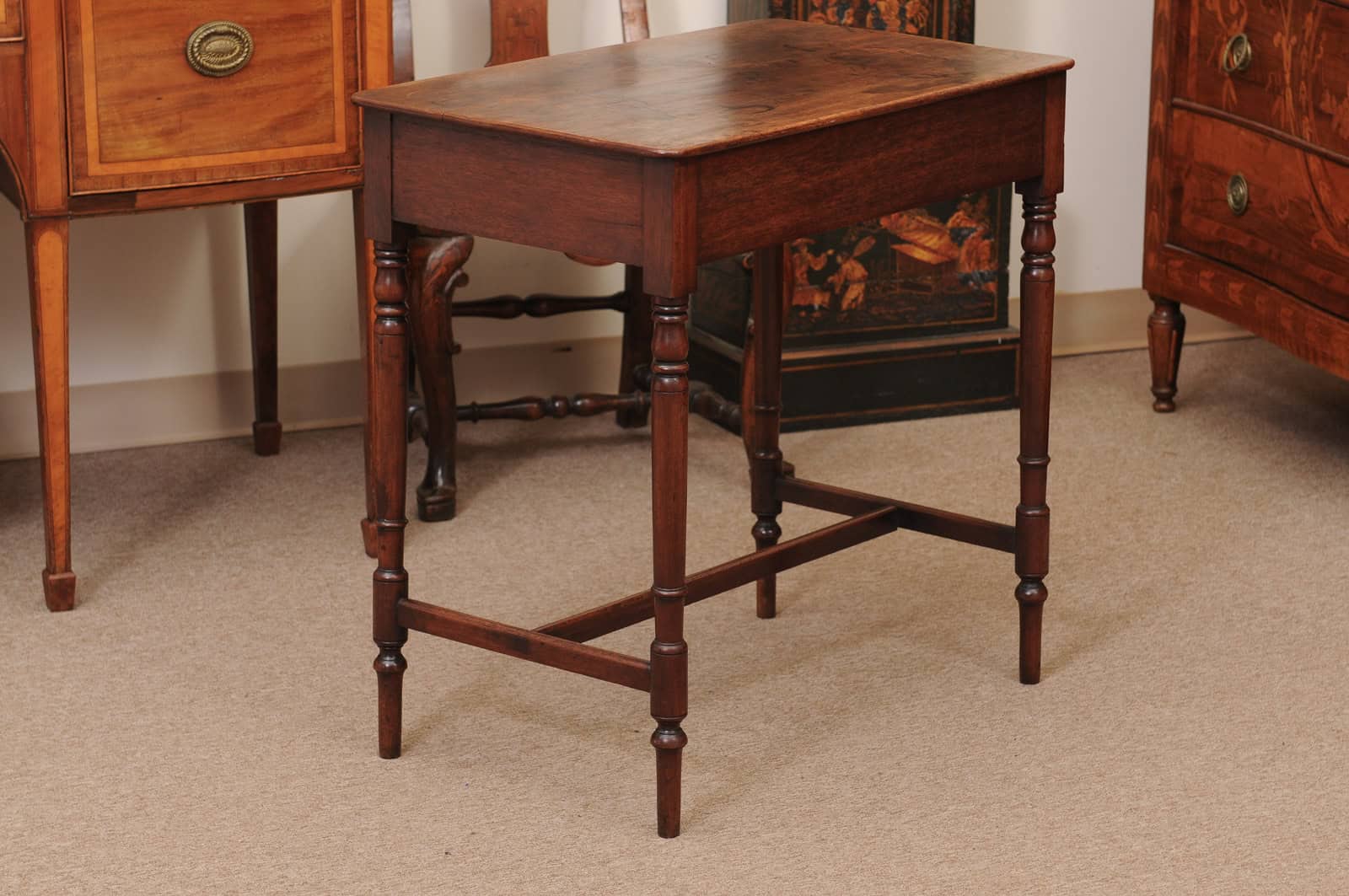 English 19th Century Mahogany Side Table Featuring 1 Drawer with wooden Pulls, Turned Legs and H-Form Stretcher - Image 10